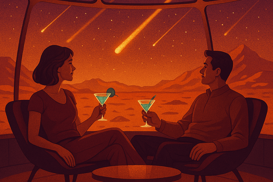 A couple relaxes in lounge chairs inside a futuristic dome with panoramic windows, sipping vibrant blue-green cocktails as they watch a meteor shower streak across the sky over a rocky, alien landscape bathed in warm red hues. The scene evokes a romantic, sci-fi atmosphere of enjoying a quiet evening on another planet.