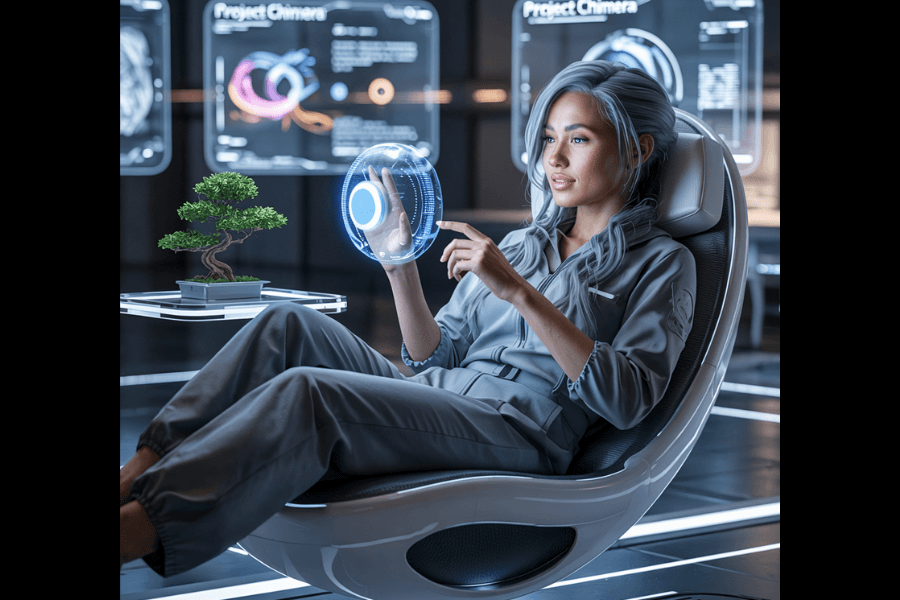A futuristic woman with long silver hair reclines in a sleek, modern chair, interacting with a transparent holographic interface displaying scientific data. Surrounding her are glowing digital panels titled “Project Chimera,” and a small bonsai tree floats beside her on a levitating platform, blending technology with nature in a high-tech laboratory environment.