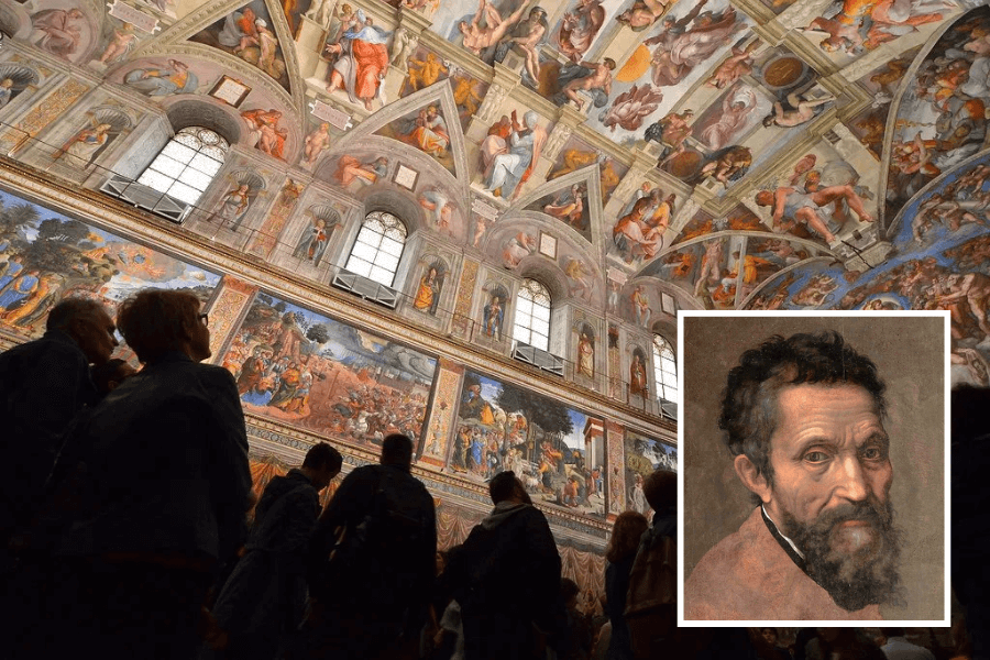Visitors gaze upward at the fresco-covered ceiling and walls of the Sistine Chapel, showcasing Michelangelo’s iconic biblical scenes like The Creation of Adam, with an inset portrait of Michelangelo added in the bottom right corner.
