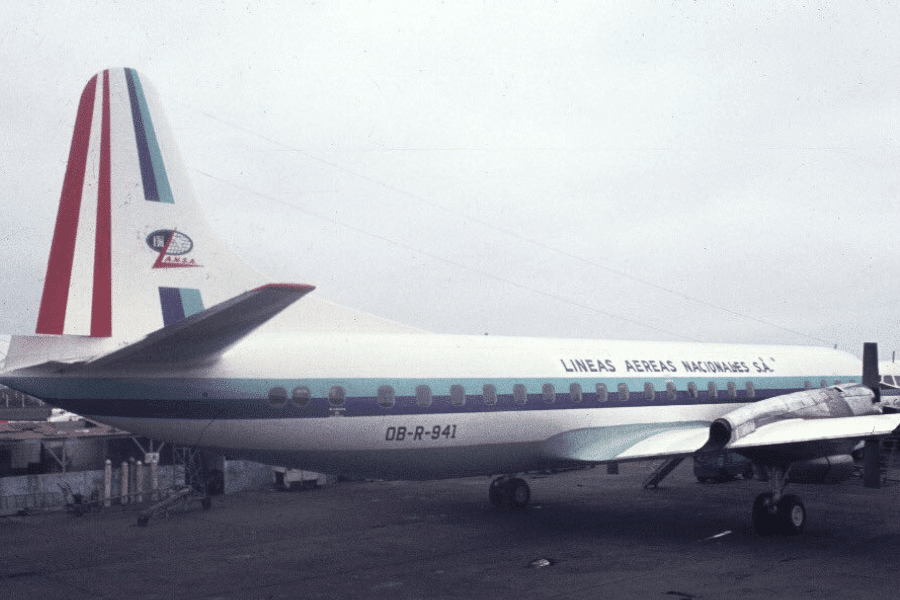 Vintage aircraft with the registration OB-R-941 parked on the tarmac, bearing the livery of "Líneas Aéreas Nacionales S.A." (LANSA), a former Peruvian airline. The tail features red, white, and green vertical stripes and the LANSA logo.