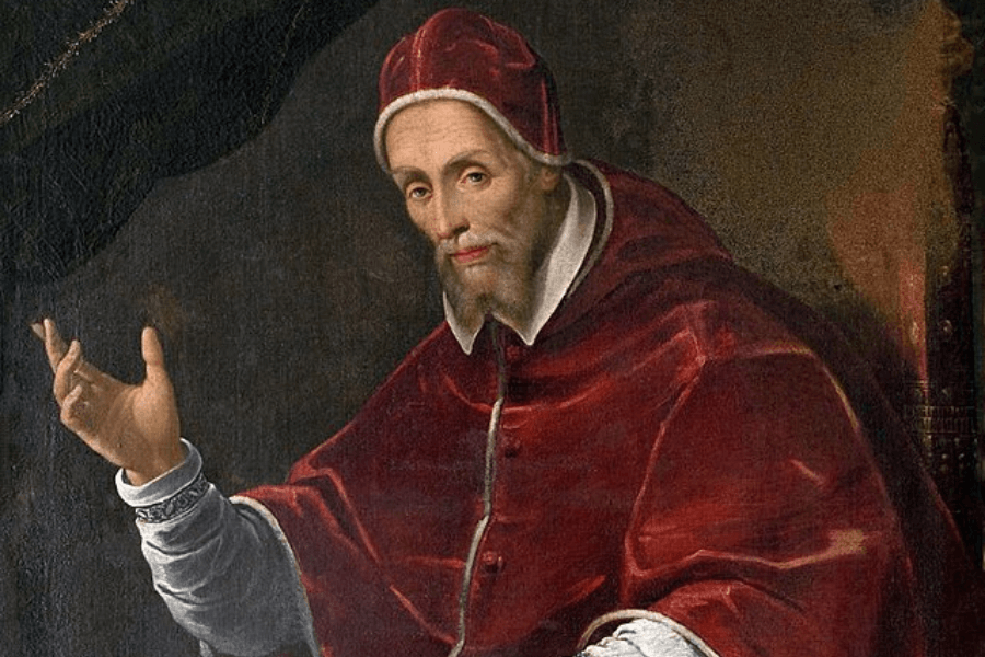 Classic oil painting of a bearded pope dressed in rich red papal robes and a matching cap, gesturing with his right hand and gazing calmly at the viewer, set against a dark, textured background.