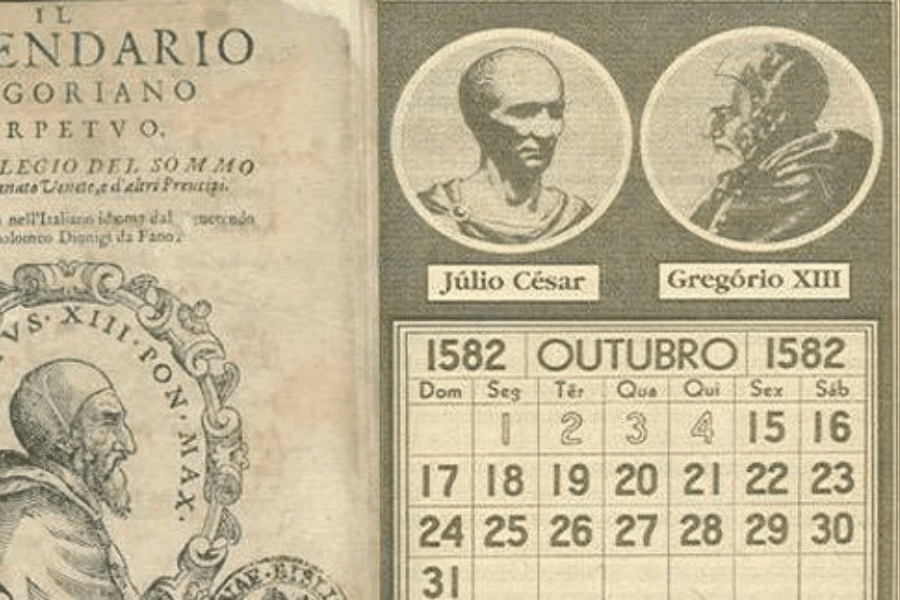 Vintage printed page showing a historical October 1582 calendar from the introduction of the Gregorian calendar, featuring bust portraits of Julius Caesar and Pope Gregory XIII, and a peculiar date sequence where October 5th to 14th is missing due to the calendar reform.