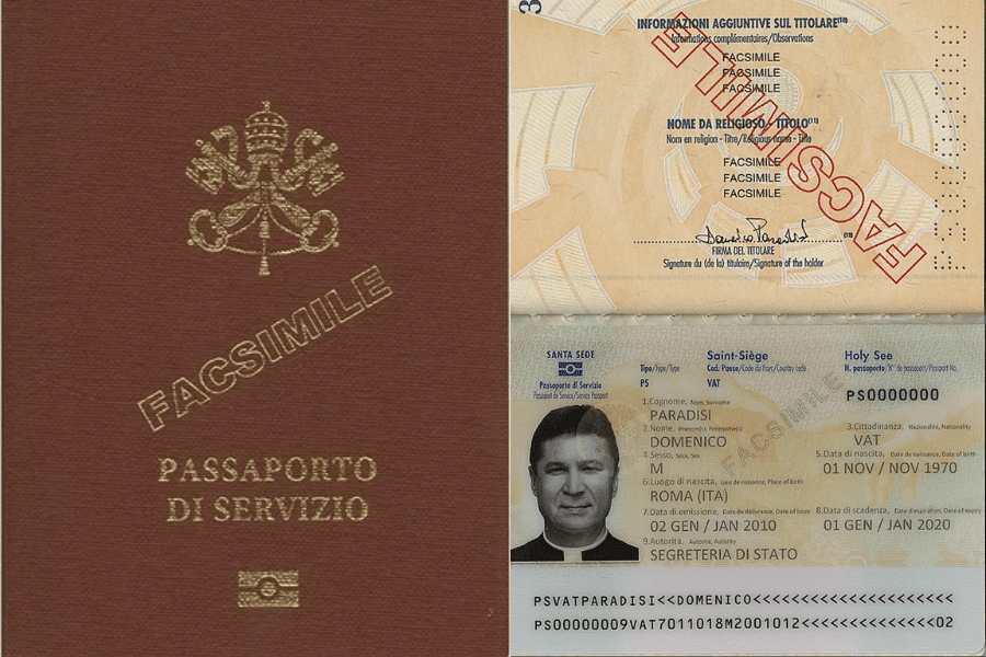 Image showing a Vatican City service passport labeled "Passaporto di Servizio" with a red cover and papal emblem in gold, alongside an open page with a sample ID card including a photo, personal details, and multiple "FACSÍMILE" stamps across the data fields.