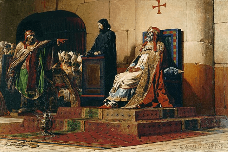 Dramatic historical painting by Jean-Paul Laurens depicting the Cadaver Synod, where Pope Stephen VI accuses the deceased Pope Formosus, whose robed corpse is propped on a throne, as bishops and clergy solemnly watch the grotesque trial unfold.