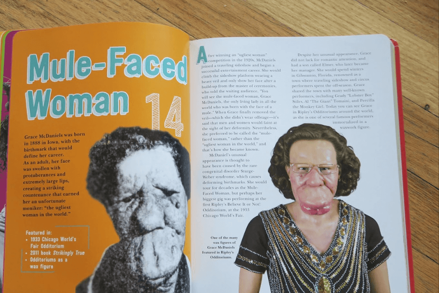Two-page spread from a book featuring the title “Mule-Faced Woman” alongside a profile of Grace McDaniels, who lived with severe facial disfigurement due to Sturge-Weber syndrome. The left page shows a historic black and white photo of Grace and a short bio describing her career in sideshows after being labeled "the ugliest woman in the world." The right page includes a color photo of a wax figure replica in ornate attire and offers more detailed text about her personal life, including her son Elmer, and her time with Ripley's Believe It or Not.