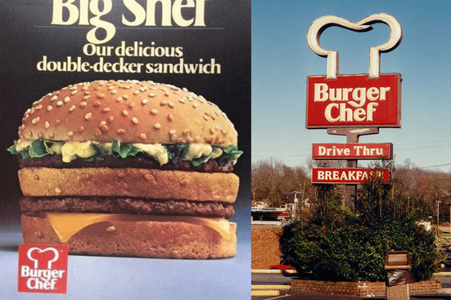 The image shows a promotional ad for Burger Chef's "Big Shef" double-decker sandwich alongside a nostalgic street view of a Burger Chef restaurant with its distinctive chef hat-shaped sign and drive-thru signage.