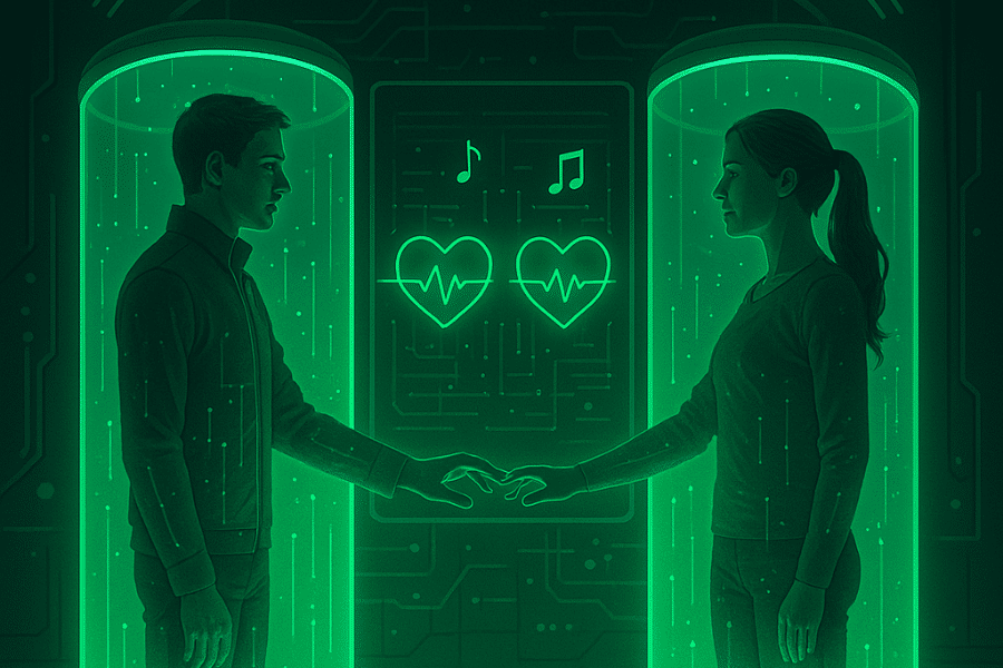 A man and woman, each inside separate glowing green digital chambers, reach out toward each other with fingertips almost touching. Between them, a futuristic display shows two heart icons with synchronized pulse lines and musical notes above, symbolizing emotional and possibly digital connection through music and technology.