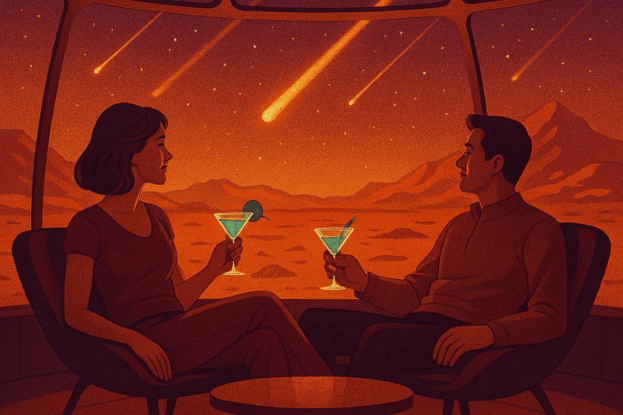 A couple relaxes in lounge chairs inside a futuristic dome with panoramic windows, sipping vibrant blue-green cocktails as they watch a meteor shower streak across the sky over a rocky, alien landscape bathed in warm red hues. The scene evokes a romantic, sci-fi atmosphere of enjoying a quiet evening on another planet.