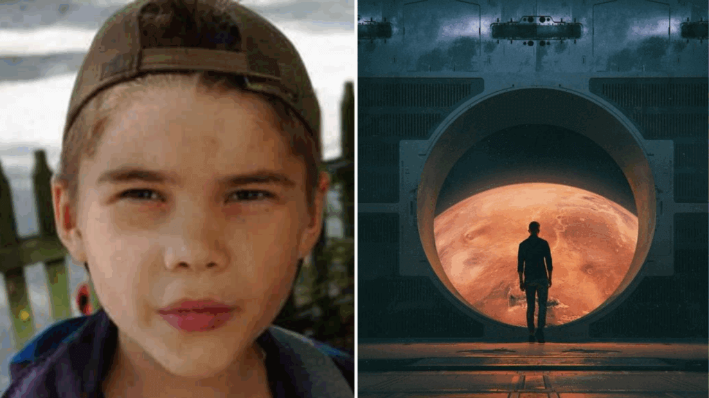 A side-by-side image showing a young boy in a backward cap on the left, looking serious outdoors, and on the right, a silhouetted figure standing in front of a large circular window overlooking the planet Mars.