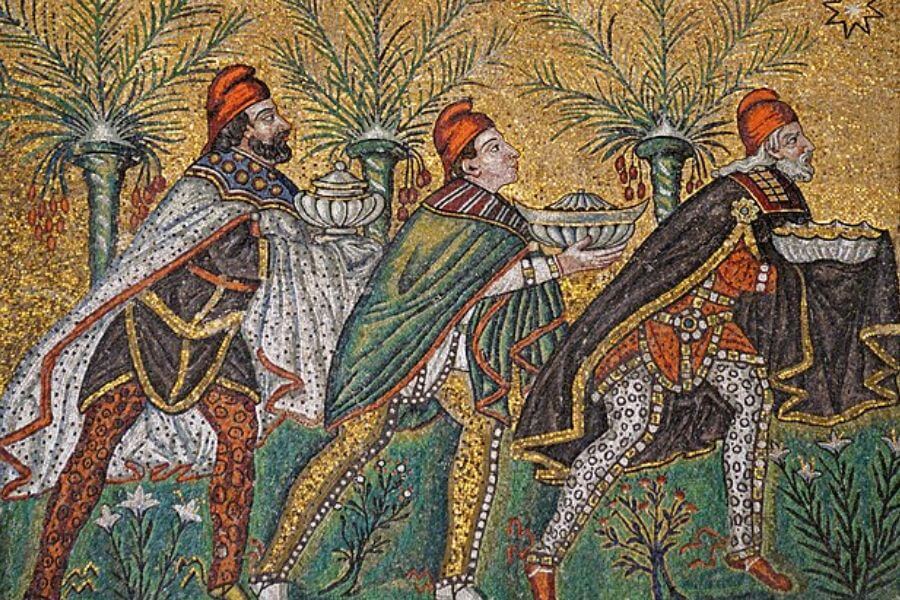 Three Wise Men from the East. Part of the mosaic on the left wall of the Basilica of Sant'Apollinare-Nuovo. Ravenna, Italy