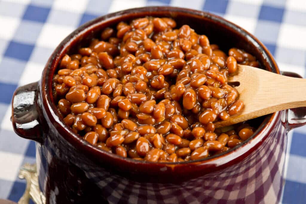 Pot of Baked Beans on a Blue Gingham