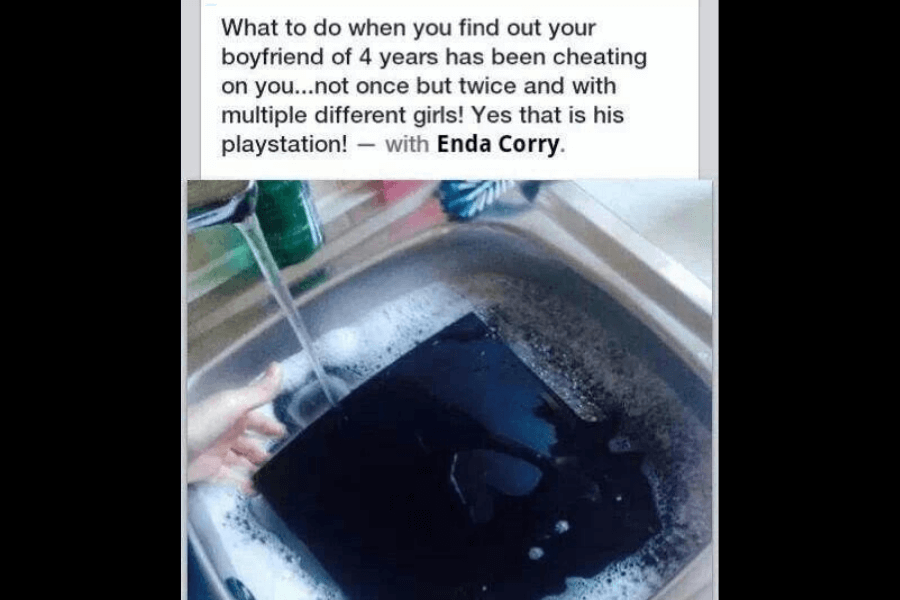 This image shows a sink filled with water and what appears to be a gaming console (PlayStation) submerged under a running faucet. Above the image is text describing an act of revenge against a cheating boyfriend, implying the console belongs to him.