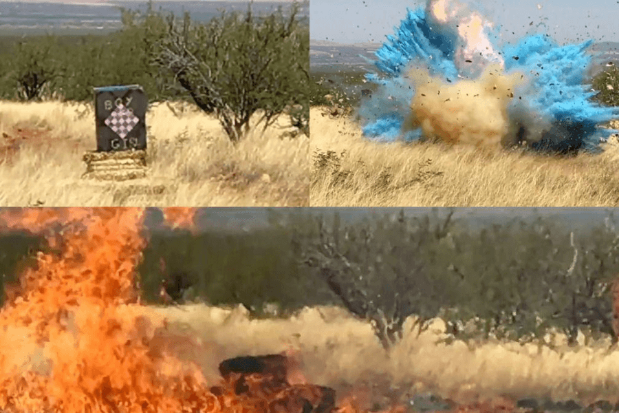 This image depicts a sequence of events involving a target explosion in an open field. The first frame shows a target labeled "Box G19," followed by an explosion with a bright blue cloud, and finally, flames engulfing the area.
