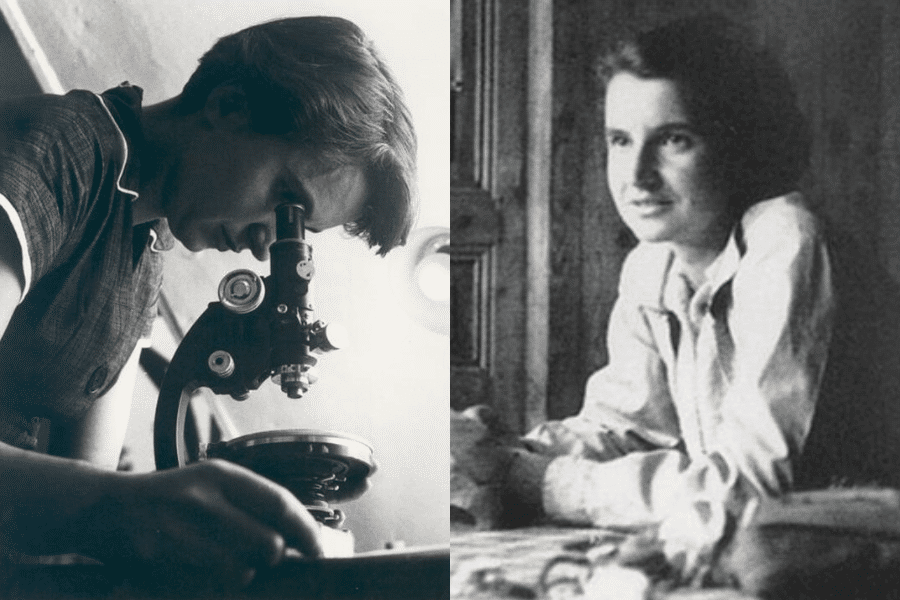 A black-and-white composite image of two photographs featuring the same woman. On the left, she is focused on looking through a microscope, wearing a short-sleeved dress with a rounded collar. On the right, she is leaning on a table with a thoughtful expression, dressed in a button-down shirt. Both images capture her intelligence and dedication to scientific work.