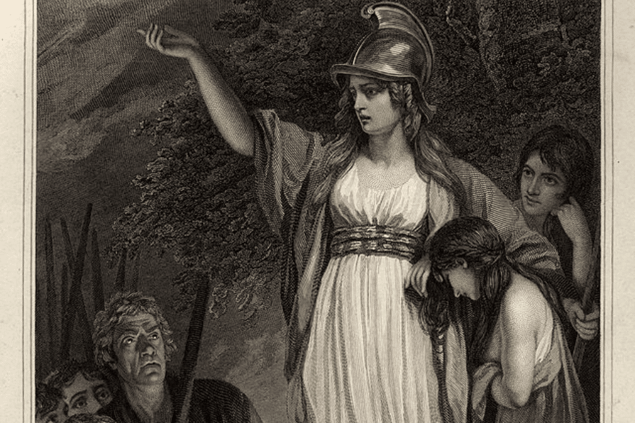 A black-and-white historical engraving depicting a woman in a flowing gown and a warrior's helmet, standing with an arm raised in a commanding gesture. She is surrounded by distressed figures, including a kneeling woman and a group of men carrying weapons, looking up at her. The dramatic lighting and detailed engraving emphasize her as a strong and authoritative leader.