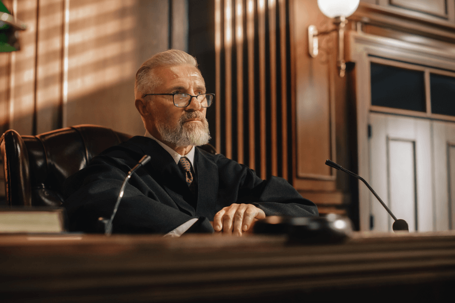 Older male judge with gray hair and beard, wearing a black robe and glasses, seated at a bench in a courtroom with a serious expression and classic wood-paneled surroundings.