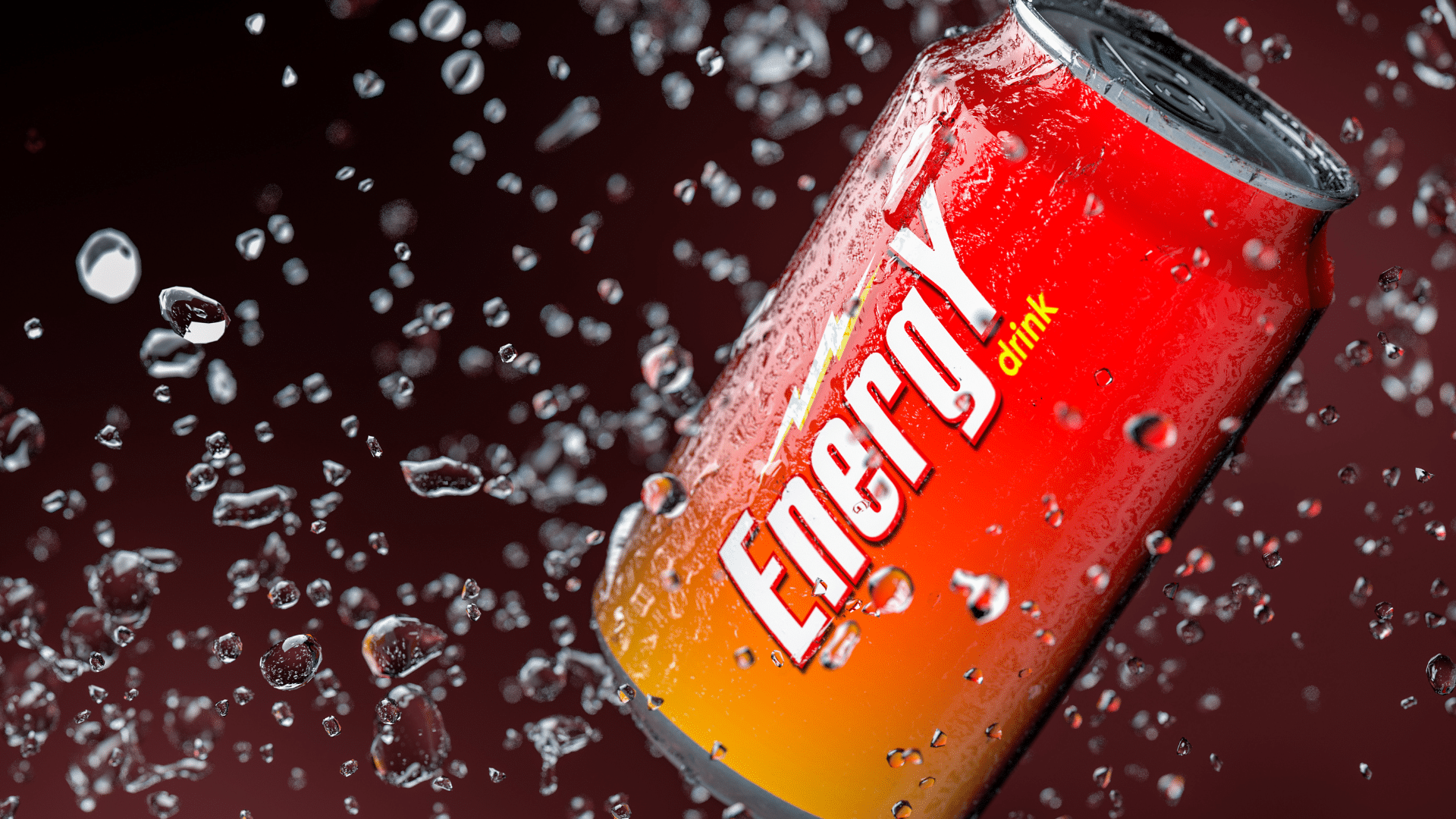 Red energy drink can splashing through water against a dark background.