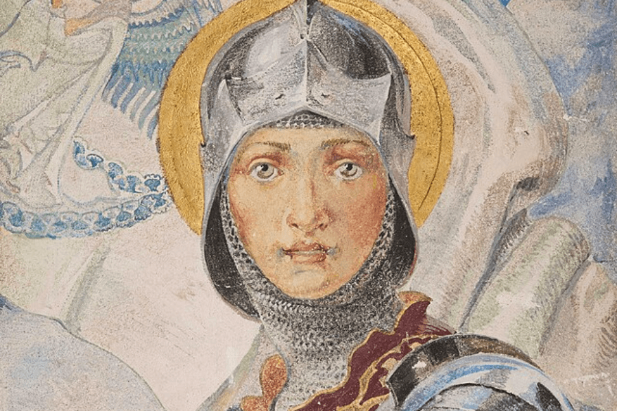 A detailed painting of a woman in medieval armor, wearing a silver helmet and chainmail, with a golden halo behind her head. Her expression is resolute, with piercing eyes and a calm determination. The background features soft pastel hues and angelic figures, enhancing the saintly and heroic atmosphere.
