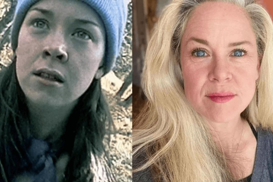 This image shows a side-by-side comparison of the same woman at two different points in time. On the left, she is younger, wearing a blue knit cap and a concerned expression, captured in an outdoor, natural setting. On the right, she is older with long blonde hair, a calm demeanor, and is photographed indoors with soft lighting, highlighting her blue eyes.