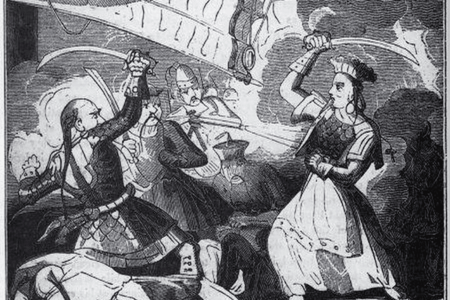 A historical black-and-white engraving depicting a battle scene, featuring a fierce sword fight between a warrior woman and a male soldier. The woman, dressed in a traditional outfit with armor and a headpiece, raises her sword against an opposing soldier in a military uniform. In the background, other fighters engage in combat amid smoke and cannon fire.