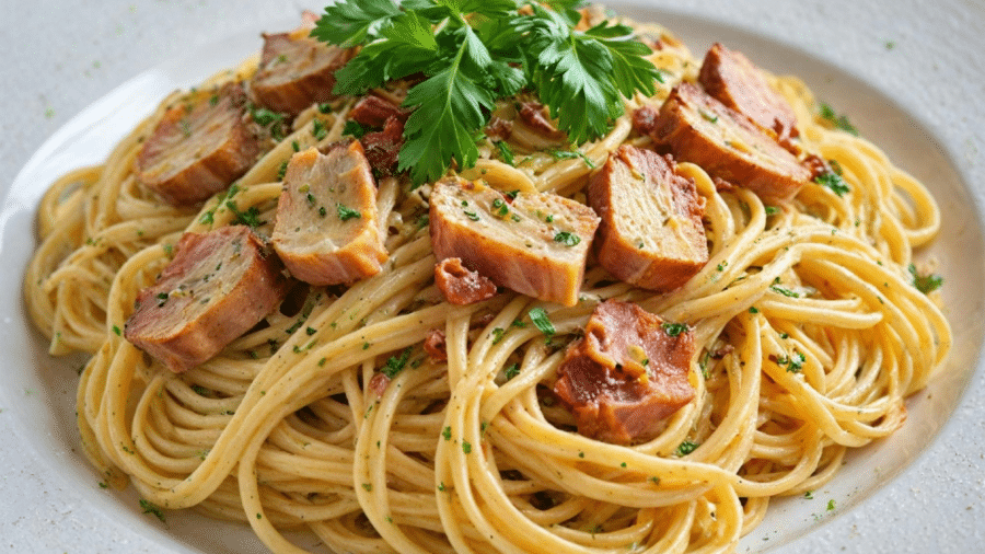 Close-up of cheesy sausage pasta served on a rustic ceramic plate