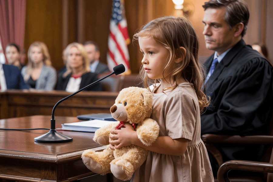 Young girl holding a teddy bear while standing at a courtroom microphone, appearing to testify or speak during a legal proceeding, with a judge seated behind her and adults observing in the background.