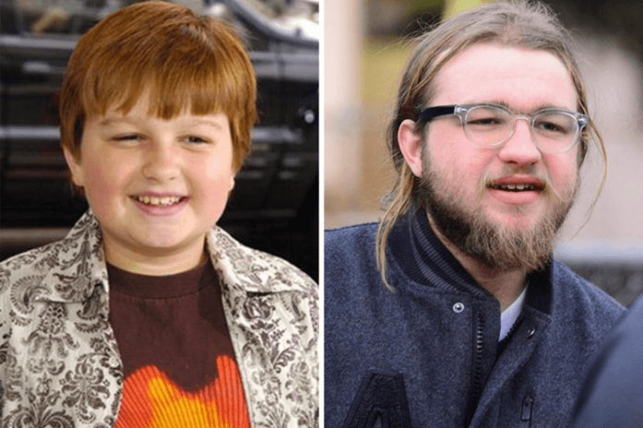 This image features a side-by-side comparison of the same person at two different stages of life. On the left, they are a smiling child with short red hair, wearing a patterned shirt and a colorful t-shirt. On the right, they are an adult with long hair, a beard, and glasses, dressed in a casual jacket, with a more mature appearance in an outdoor setting.