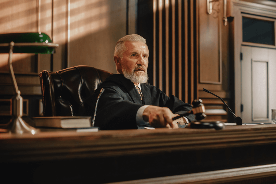 Judge with a white beard and black robe seated at a courtroom bench, holding a gavel in one hand and appearing to render a decision, with law books and a green desk lamp nearby.