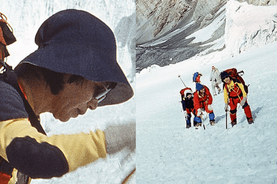 A composite image of two photographs featuring a mountaineering expedition. On the left, a close-up of a climber wearing a dark sun hat, sunglasses, and a yellow jacket, focused on the icy surface. On the right, a group of climbers in bright-colored gear, including red and yellow jackets, ascending a snowy mountain with ice formations and rugged terrain in the background.