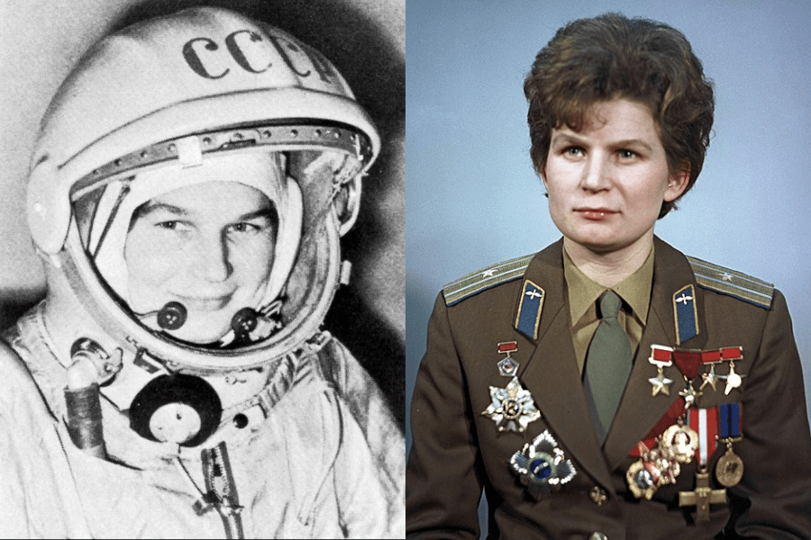 A composite image featuring two portraits of the same woman. On the left, a black-and-white photograph shows her wearing a Soviet-era space helmet with "CCCP" written on it, smiling inside her spacesuit. On the right, a color portrait depicts her in a military uniform adorned with numerous medals and badges, with a composed and serious expression.