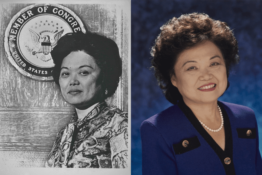 A composite image featuring two portraits of the same woman. On the left, a black-and-white photograph shows her standing in front of a door marked "Member of Congress" with the U.S. seal, wearing a traditional patterned outfit and displaying a serious expression. On the right, a color portrait captures her later in life, smiling warmly while wearing a navy blue blazer with gold buttons and a pearl necklace against a blue studio backdrop.