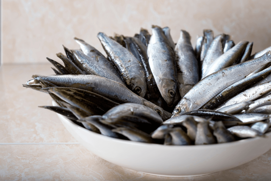 This image shows a white bowl filled with a large quantity of fresh fish, arranged neatly with their shiny, silver scales reflecting the light. The setting includes a tiled background, emphasizing a clean and kitchen-like environment, likely preparing the fish for cooking or storage.