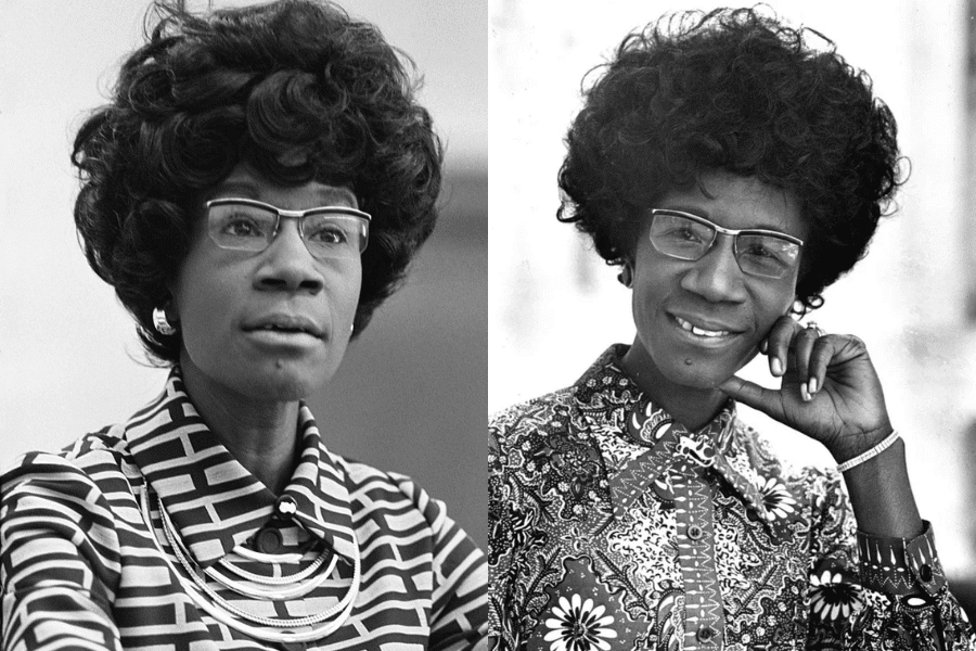 A composite image featuring two black-and-white portraits of the same woman. On the left, she wears glasses and a geometric-patterned blouse, with a serious and focused expression. On the right, she is smiling warmly, resting her chin on her hand, wearing a floral-patterned blouse with a bow at the collar. Both images highlight her distinctive style, confidence, and intelligence.