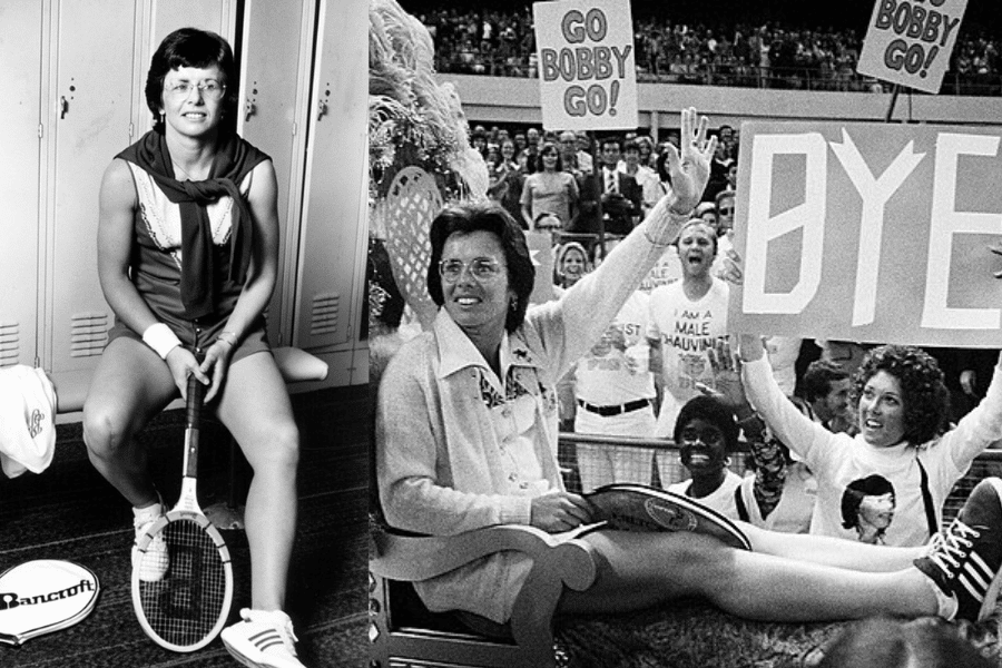 A composite black-and-white image featuring two moments from a female tennis player's career. On the left, she sits on a locker room bench holding a tennis racket, dressed in athletic gear with a confident smile. On the right, she is being carried in a victory parade, waving with a triumphant expression as fans hold up celebratory signs, including one that reads "BYE" and another cheering on her opponent.