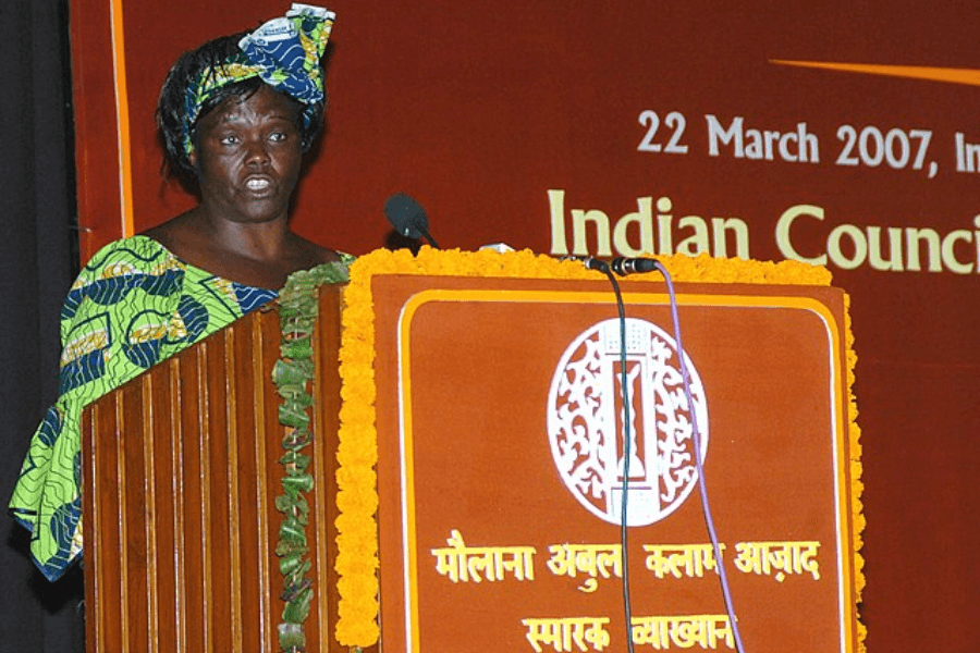 A woman wearing a vibrant green and blue patterned outfit with a matching headscarf stands at a podium, speaking into a microphone. The podium is decorated with marigold flowers and features Hindi and English text, indicating an event on March 22, 2007, at the Indian Council. She has a determined expression, delivering a speech with confidence.