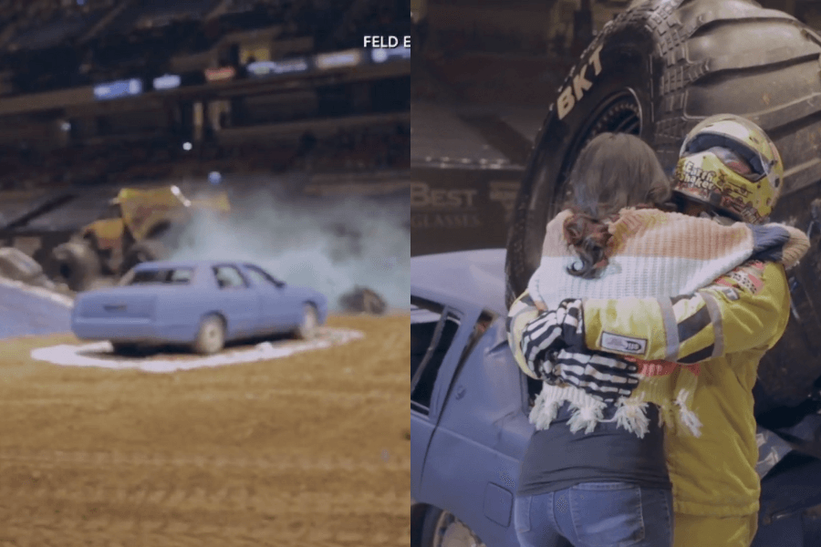 This image showcases a two-part scene from a monster truck event. On the left, a blue car is positioned on a dirt arena, with a monster truck in the background mid-stunt, surrounded by smoke. On the right, a driver in a yellow racing suit and helmet embraces a woman near the damaged car, capturing an emotional moment post-event.