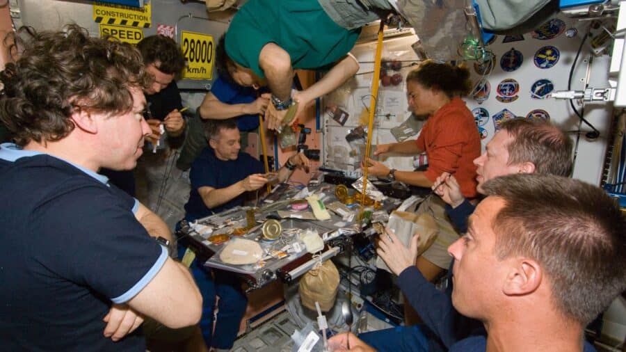 S127-E-007461 (21 July 2009) --- Eight of a total aggregation of 13 astronauts and cosmonauts are pictured at meal time aboard the International Space Station.