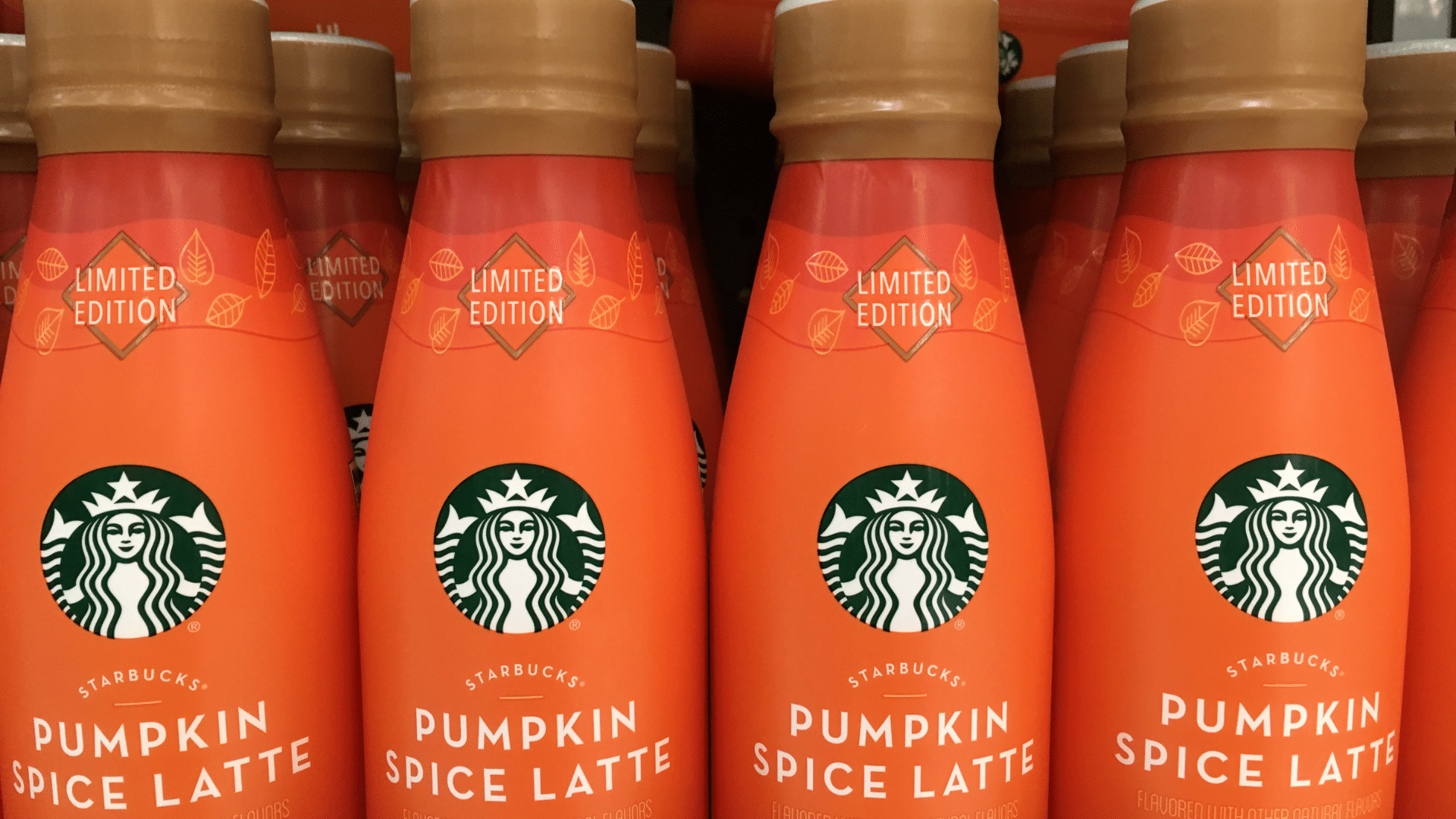 Starbucks Pumpkin Spice Latte cups displayed on counter with branding