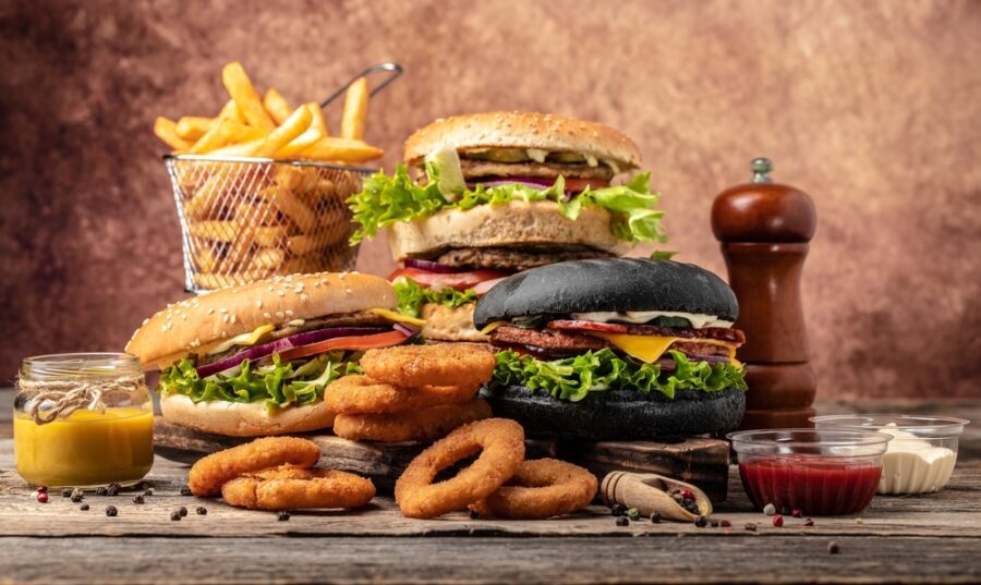 Homemade,Burger,With,Grilled,Meat,,Vegetables,,Sauce,French,Fries,On