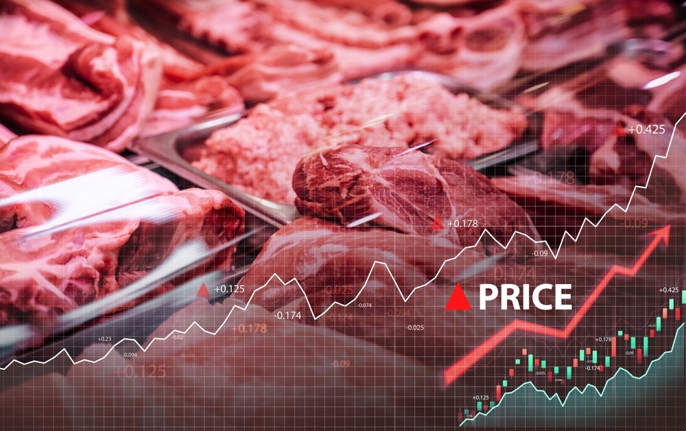 Shot of uncooked fresh meat in counter of meat store. Price increase of meat products.