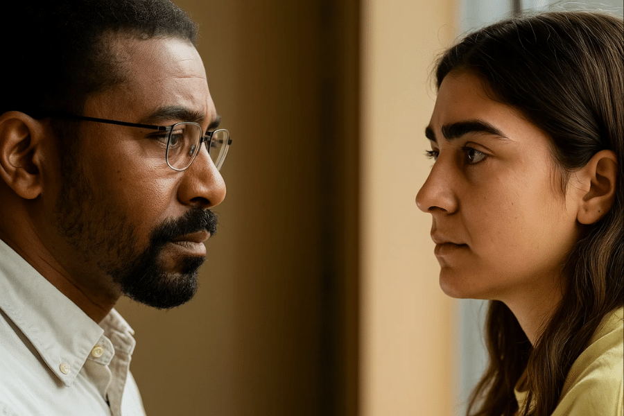 Close-up profile view of a man with glasses and a beard facing a woman with long dark hair, both gazing intently at each other in a softly lit setting.
