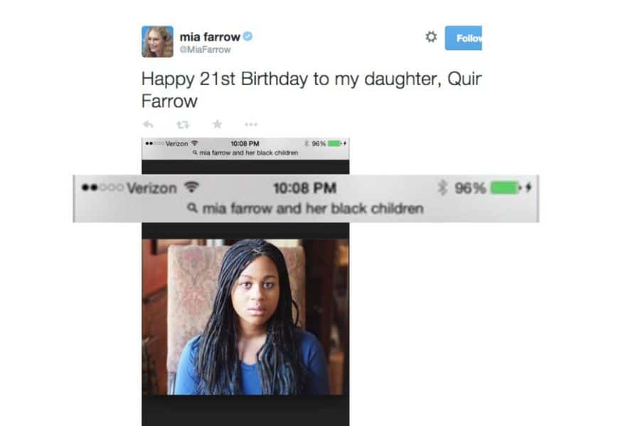 A tweet reads: "Happy 21st Birthday to my daughter." Below, a young woman with long braided hair in a blue top sits on a patterned chair, looking serious. Just above it shows the search bar that says "mia farrow and her black children"