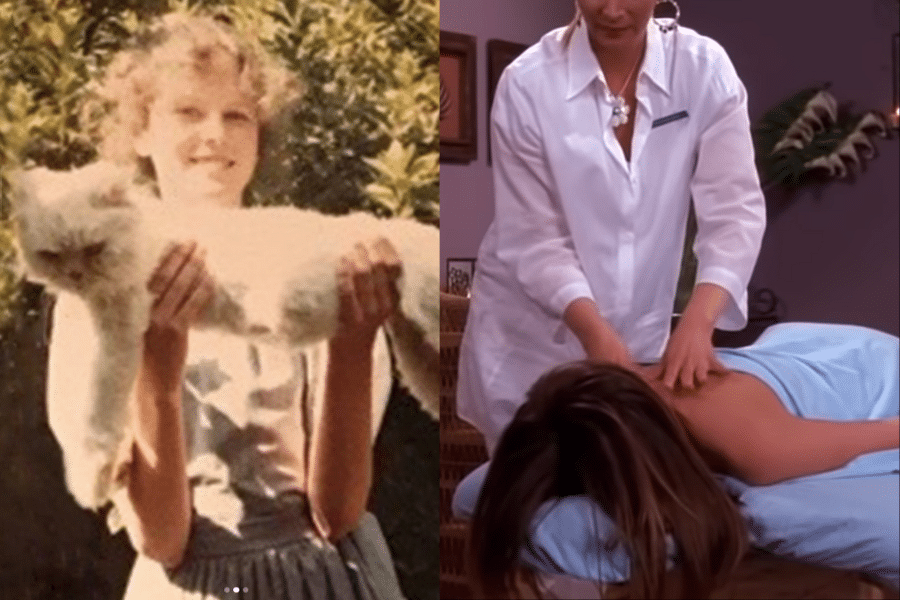 A split image. Left: A smiling person holds a fluffy white cat outdoors, surrounded by greenery. Right: A person in a white coat gives a back massage.
