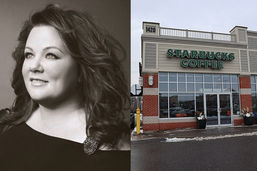 Split image: On the left, a black and white portrait of a woman smiling confidently. On the right, a color photo of a Starbucks storefront on a snowy day.