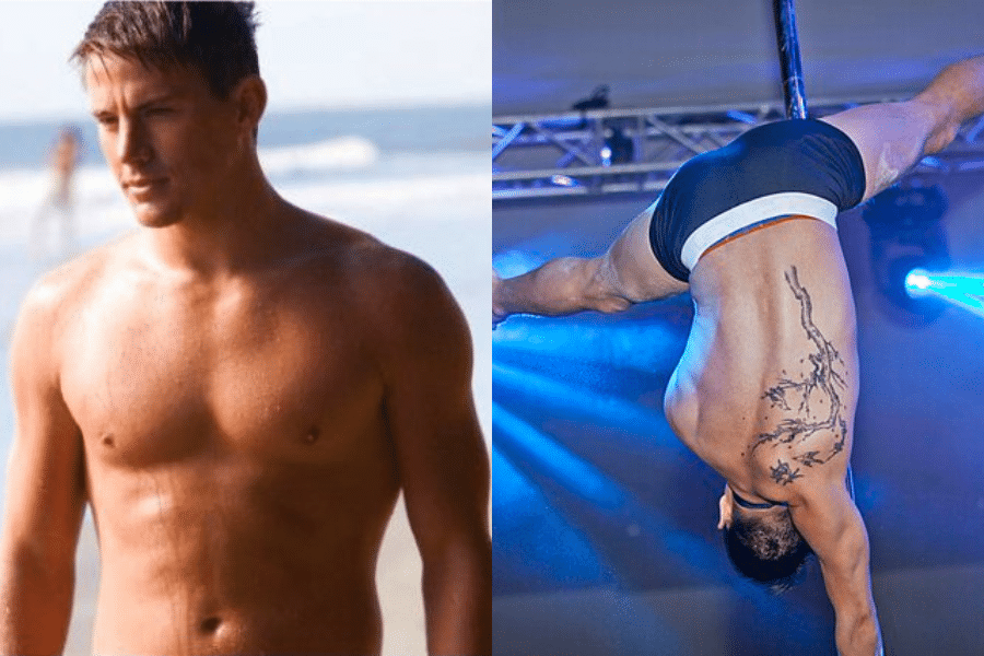 Split image: Left image shows a shirtless man on a beach, looking thoughtful. The right image depicts a performer on a pole doing an aerial move upside down with focused posture.