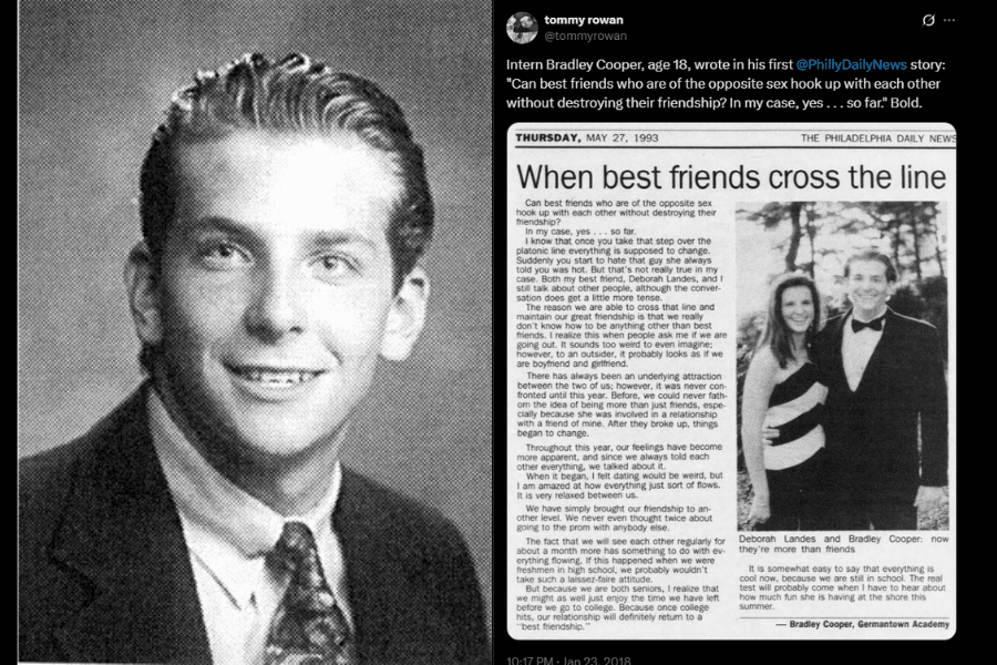 Split image: Black and white image of a young man wearing a suit and tie, smiling warmly. Next to him is a newspaper clipping titled "When best friends cross the line," discussing friendships and relationships. On the right, a smaller photo shows a young man and woman dressed up, smiling. Overall tone is reflective and nostalgic.