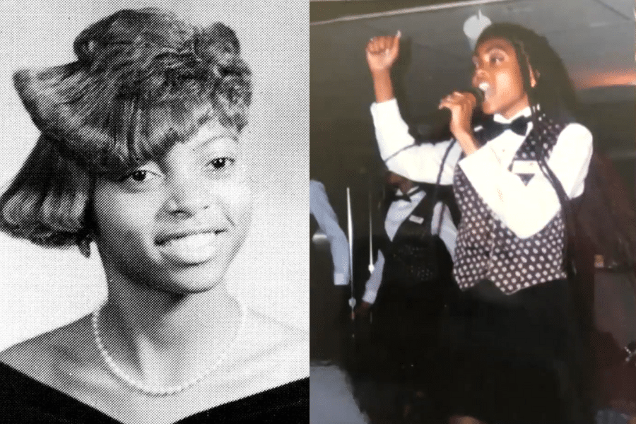 Two side-by-side images: Left, a black-and-white portrait of a woman in a pearl necklace, smiling. Right, the same woman singing passionately on stage, fist raised.