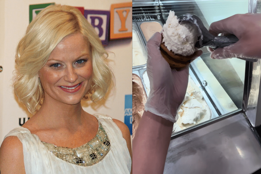 Left side: A smiling woman with blonde hair in a jeweled white dress. Right side: Hands placing ice cream between two cookies in a shop.