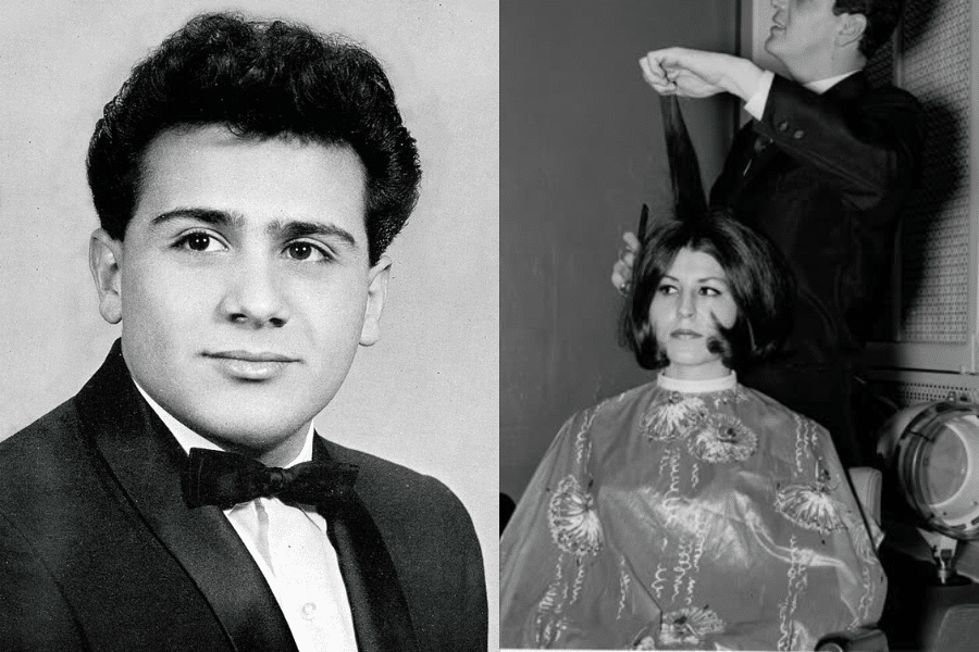 Two black-and-white images: Left shows a young man in a suit with a confident expression. Right shows a woman getting her hair styled by a focused hairdresser.