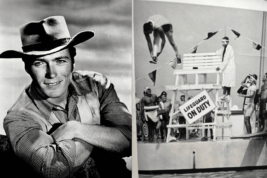 On the left, a black-and-white photo of a smiling man in a cowboy hat and checkered shirt conveys a vintage Western style. On the right, a humorous scene of a lifeguard stand by a pool, with a diver flipping mid-air, and several spectators in swimwear, creating a lively atmosphere.